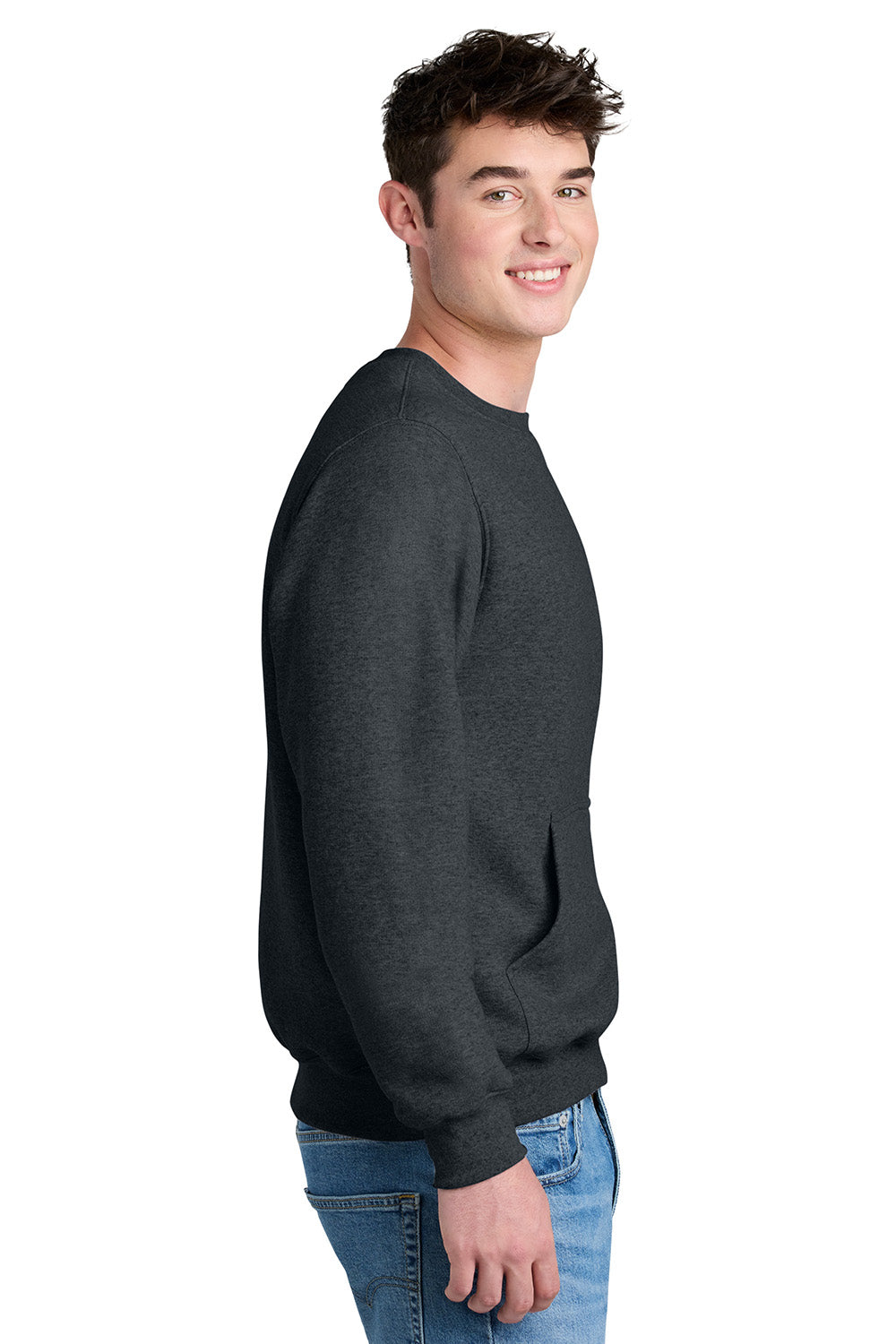 Port & Company PC78PKT Mens Core Fleece Crewneck Sweatshirt w/ Pocket Heather Dark Grey Model Side