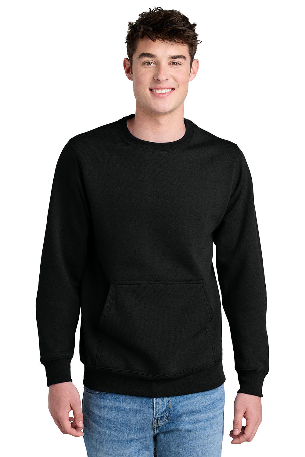 Port & Company PC78PKT Mens Core Fleece Crewneck Sweatshirt w/ Pocket Jet Black Model Front