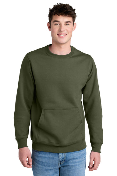 Port & Company PC78PKT Mens Core Fleece Crewneck Sweatshirt w/ Pocket Olive Drab Green Model Front