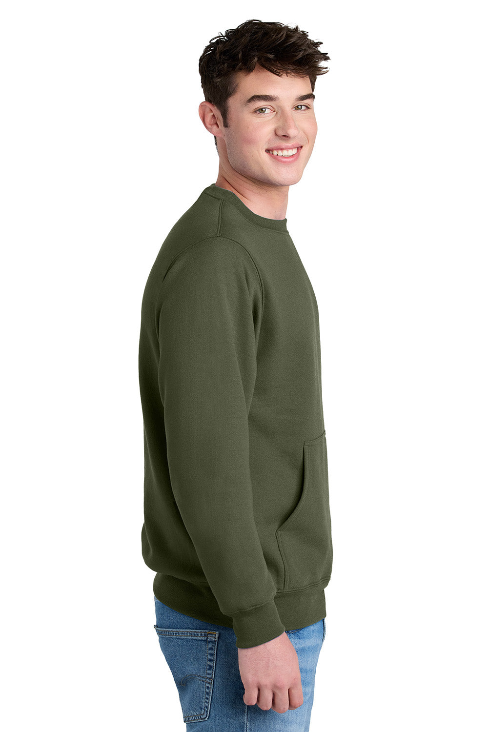 Port & Company PC78PKT Mens Core Fleece Crewneck Sweatshirt w/ Pocket Olive Drab Green Model Side