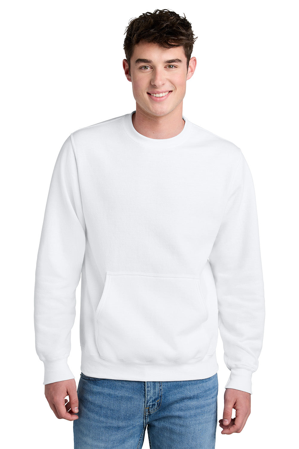 Port & Company PC78PKT Mens Core Fleece Crewneck Sweatshirt w/ Pocket White Model Front