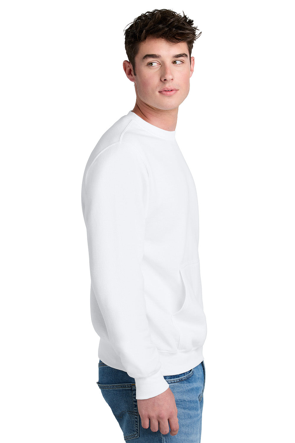 Port & Company PC78PKT Mens Core Fleece Crewneck Sweatshirt w/ Pocket White Model Side