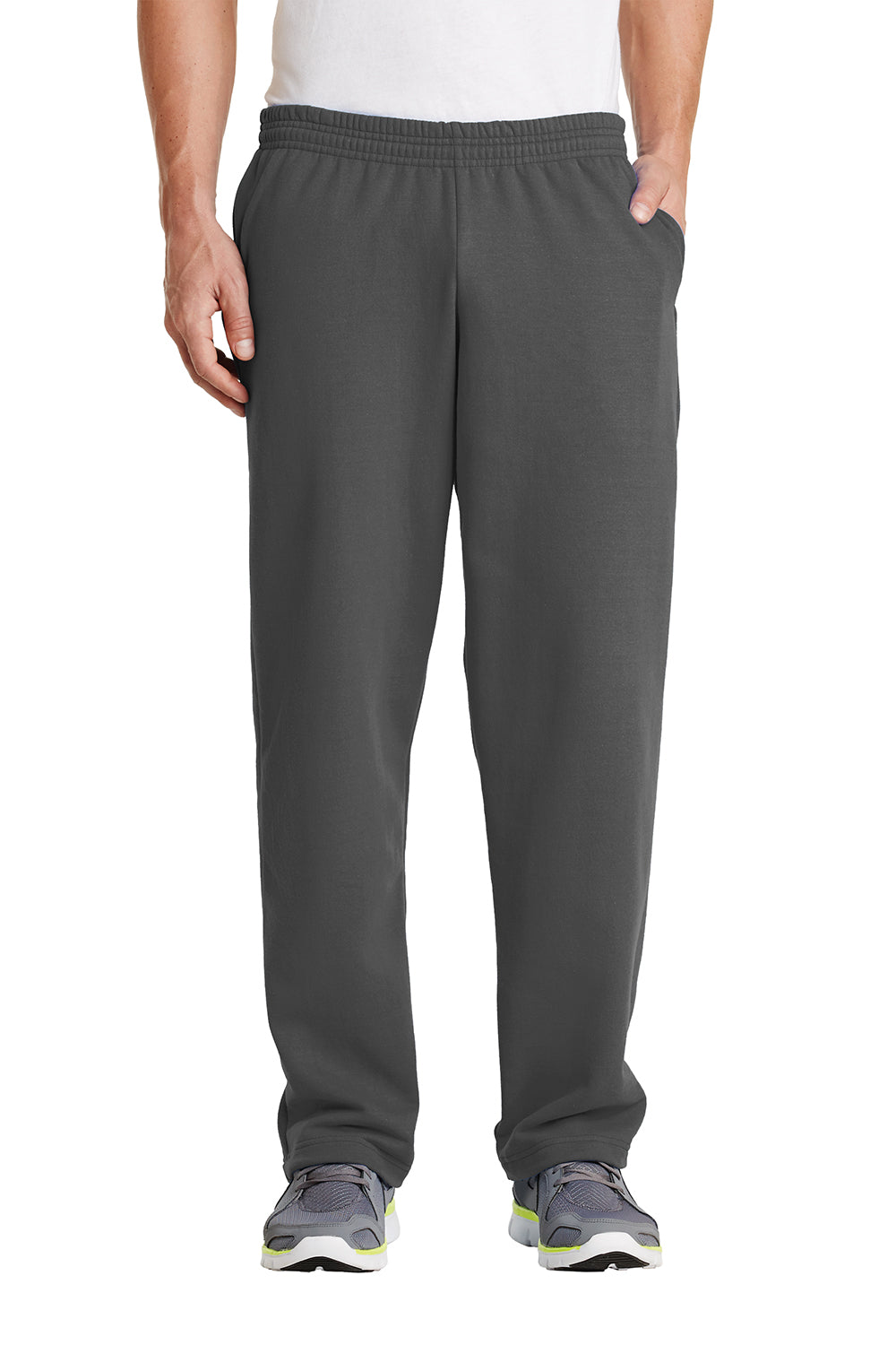 Port & Company PC78P Mens Core Pill Resistant Fleece Open Bottom Sweatpants w/ Pockets Charcoal Grey Model Front