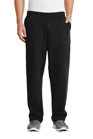 Port & Company PC78P Mens Core Pill Resistant Fleece Open Bottom Sweatpants w/ Pockets Jet Black Model Front