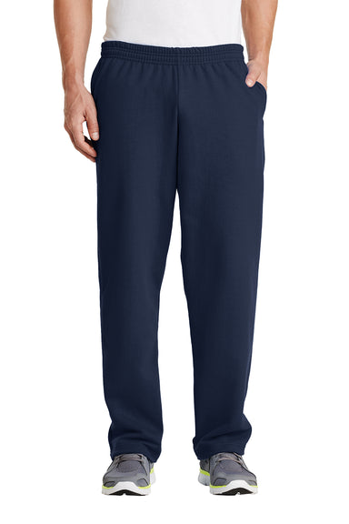 Port & Company PC78P Mens Core Pill Resistant Fleece Open Bottom Sweatpants w/ Pockets Navy Blue Model Front