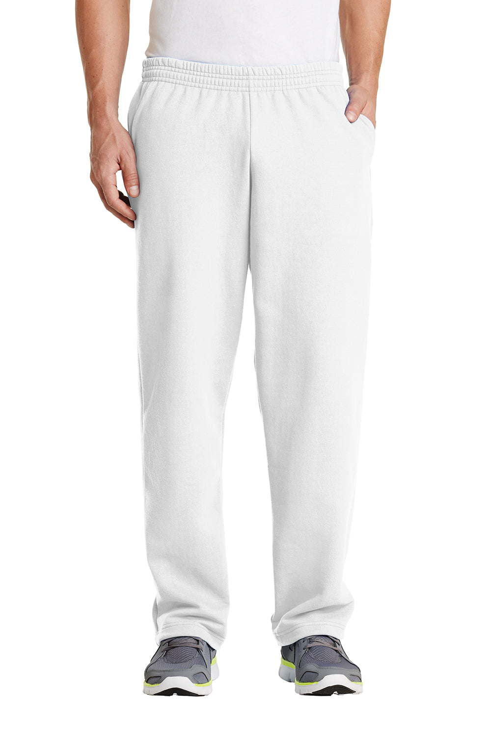 Port & Company PC78P Mens Core Pill Resistant Fleece Open Bottom Sweatpants w/ Pockets White Model Front