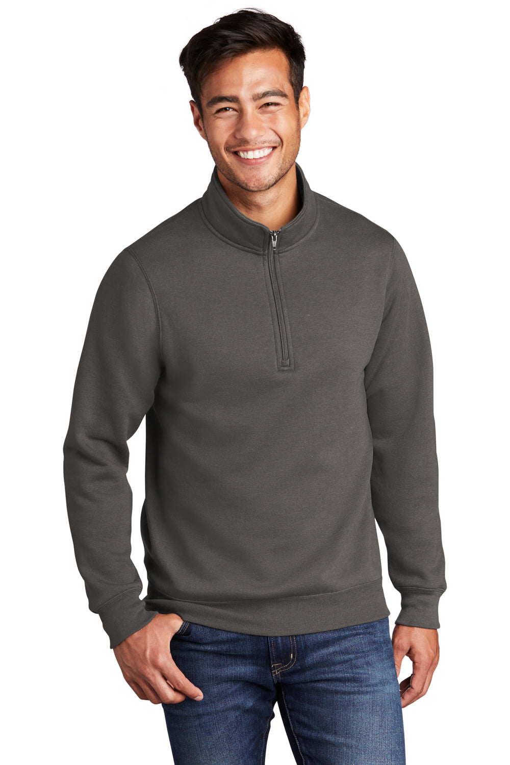 Port & Company PC78Q Mens Core Fleece 1/4 Zip Sweatshirt Charcoal Grey Model Front