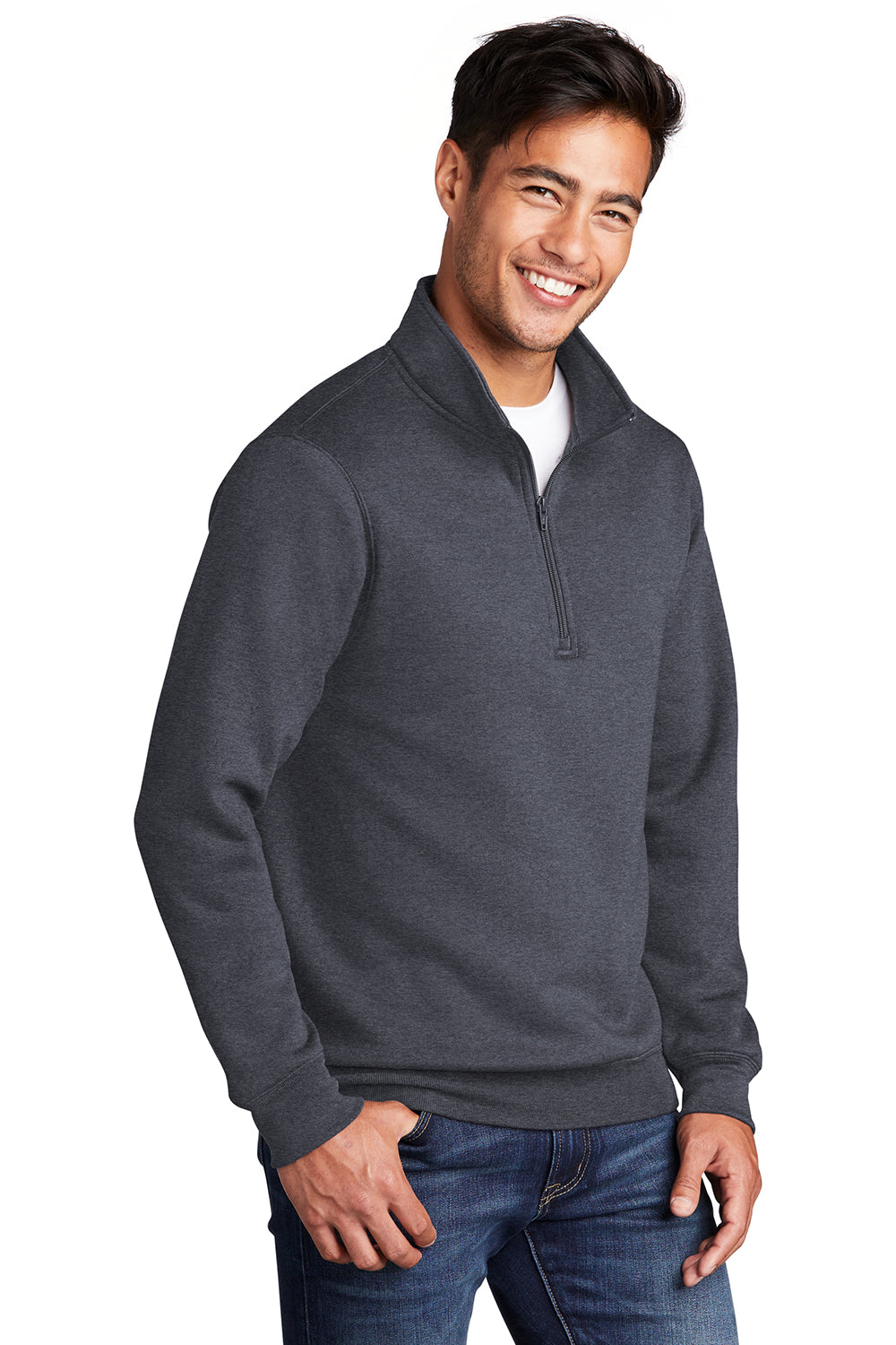 Port & Company PC78Q Mens Core Fleece 1/4 Zip Sweatshirt Heather Navy Blue Model 3q