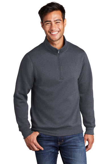 Port & Company PC78Q Mens Core Fleece 1/4 Zip Sweatshirt Heather Navy Blue Model Front