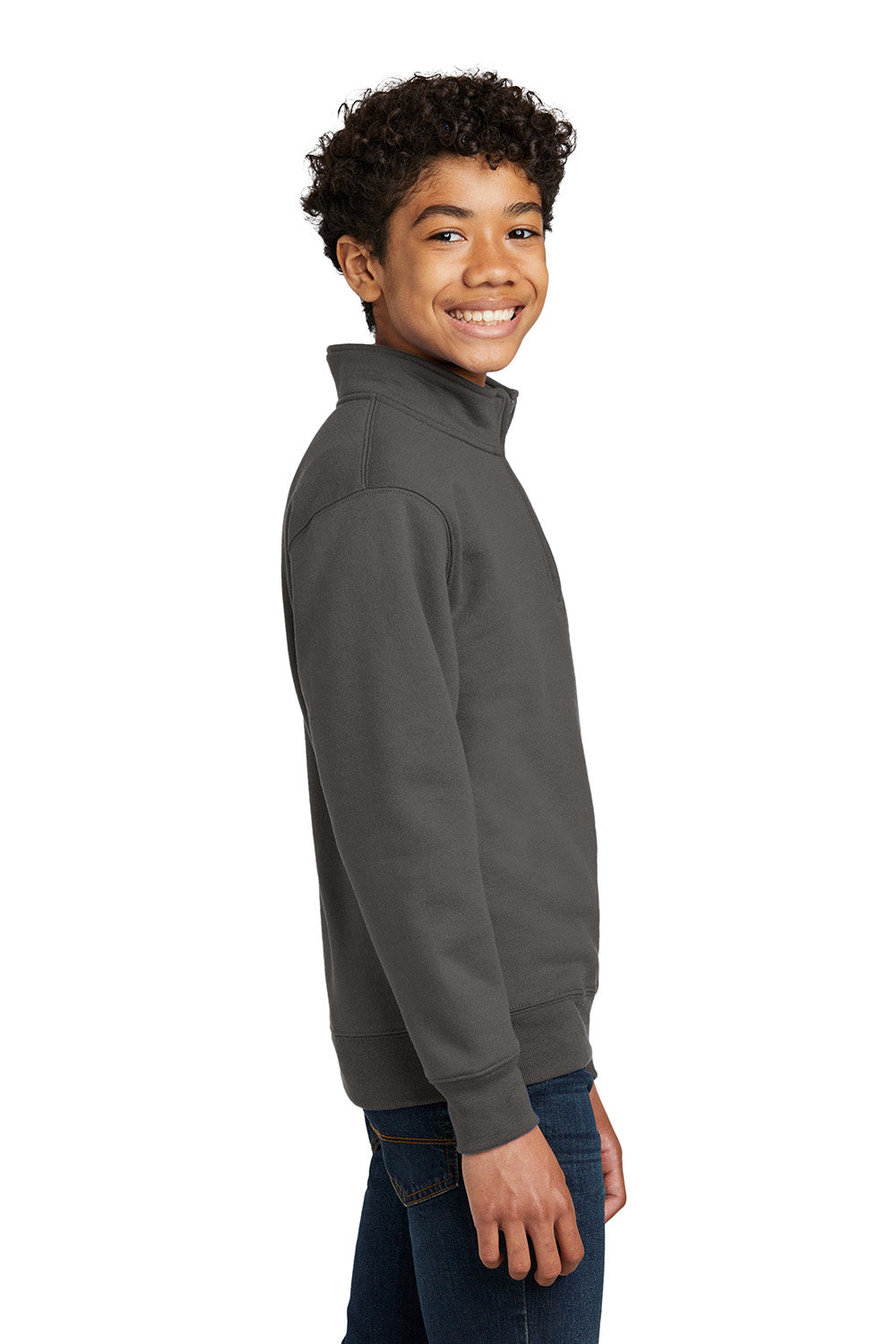 Port & Company PC78YQ Youth Core Fleece 1/4 Zip Sweatshirt Charcoal Grey Model Side