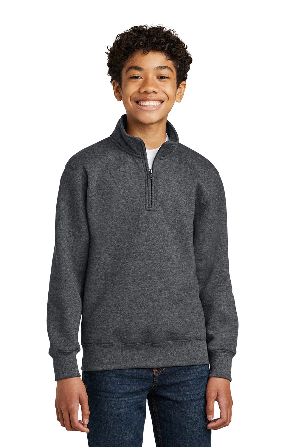 Port & Company PC78YQ Youth Core Fleece 1/4 Zip Sweatshirt Heather Dark Grey Model Front