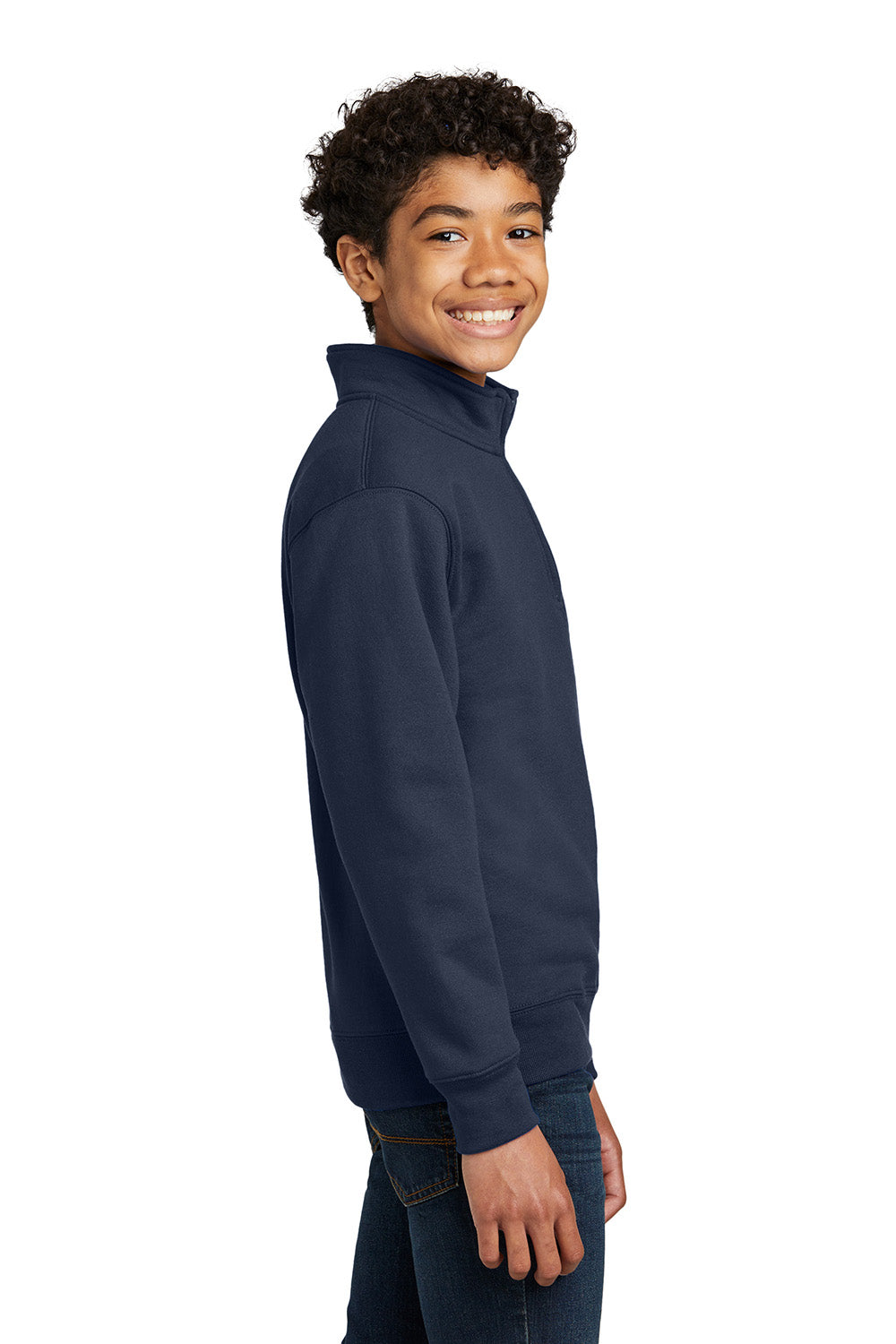 Port & Company PC78YQ Youth Core Fleece 1/4 Zip Sweatshirt Navy Blue Model Side