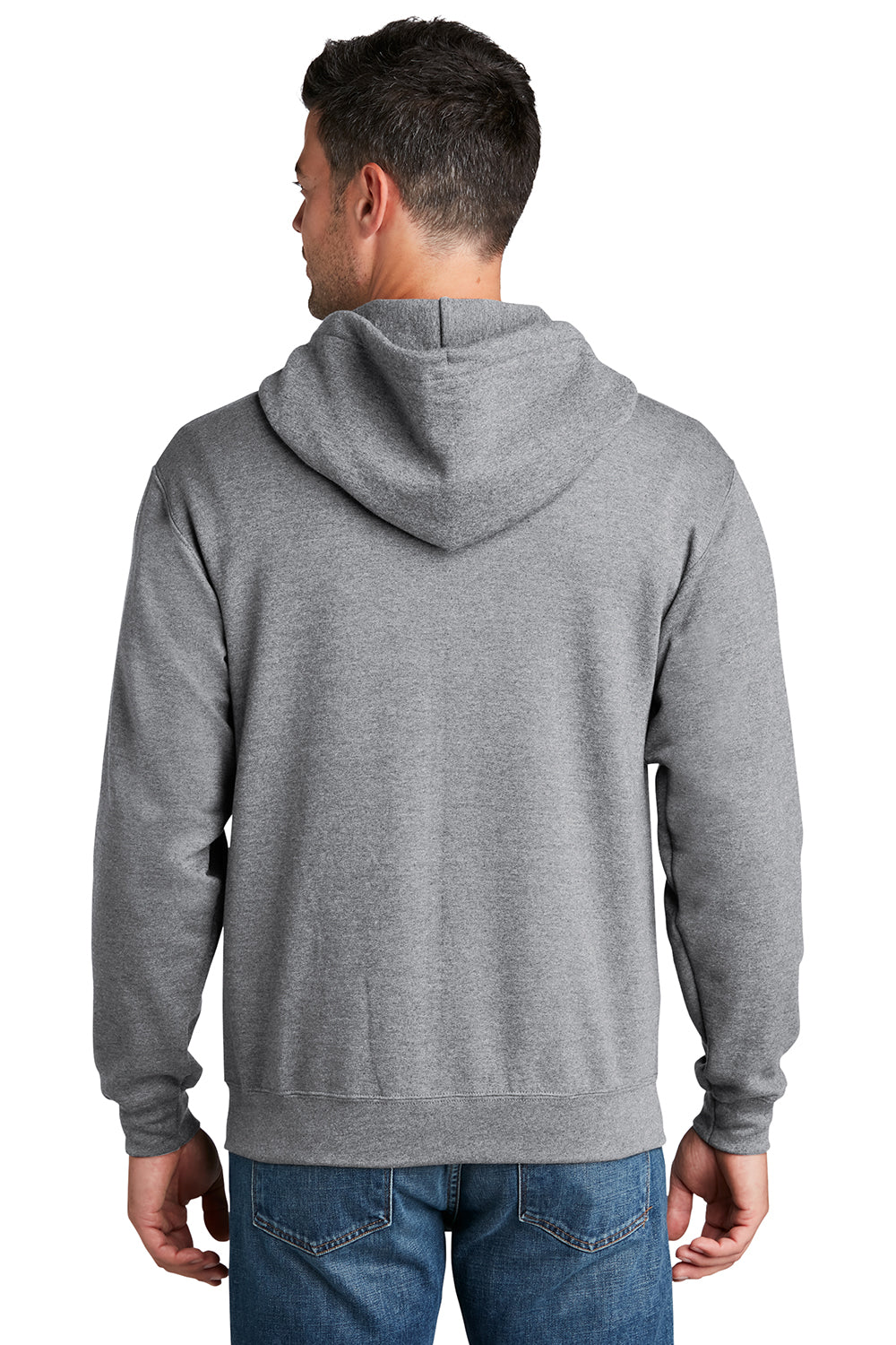 Port & Company PC78ZH Mens Core Pill Resistant Fleece Full Zip Hooded Sweatshirt Hoodie Heather Grey Model Back