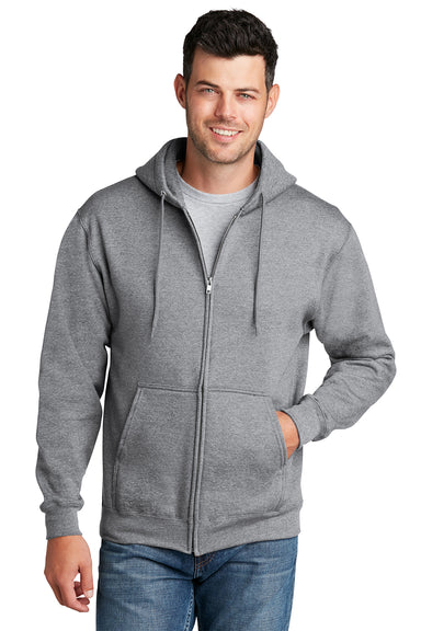 Port & Company PC78ZH Mens Core Pill Resistant Fleece Full Zip Hooded Sweatshirt Hoodie Heather Grey Model Front