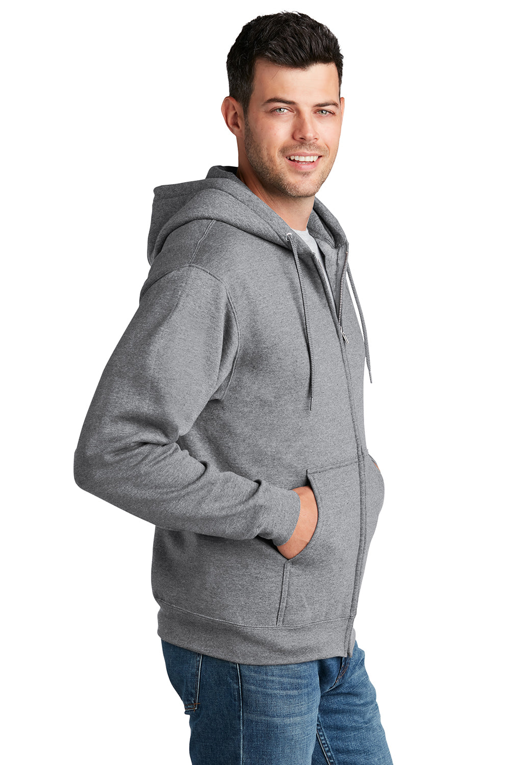 Port & Company PC78ZH Mens Core Pill Resistant Fleece Full Zip Hooded Sweatshirt Hoodie Heather Grey Model Side