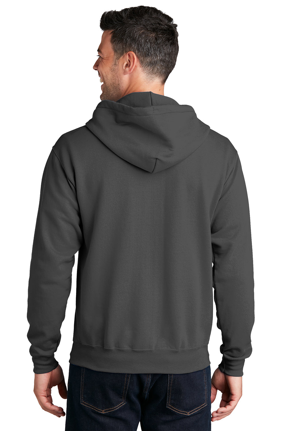 Port & Company PC78ZH Mens Core Pill Resistant Fleece Full Zip Hooded Sweatshirt Hoodie Charcoal Grey Model Back