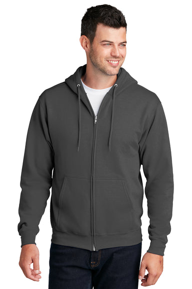 Port & Company PC78ZH Mens Core Pill Resistant Fleece Full Zip Hooded Sweatshirt Hoodie Charcoal Grey Model Front