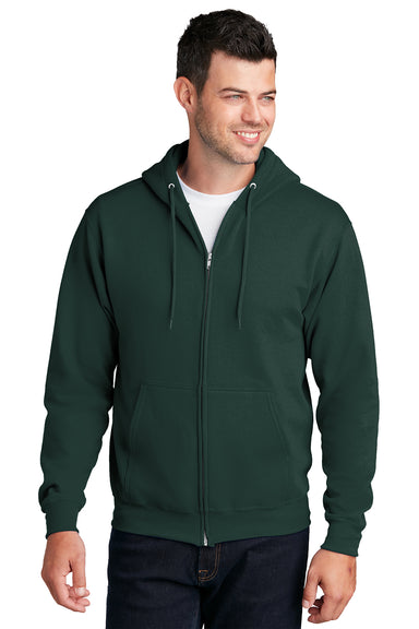 Port & Company PC78ZH Mens Core Pill Resistant Fleece Full Zip Hooded Sweatshirt Hoodie Dark Green Model Front