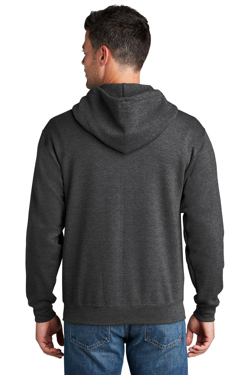 Port & Company PC78ZH Mens Core Pill Resistant Fleece Full Zip Hooded Sweatshirt Hoodie Heather Dark Grey Model Back