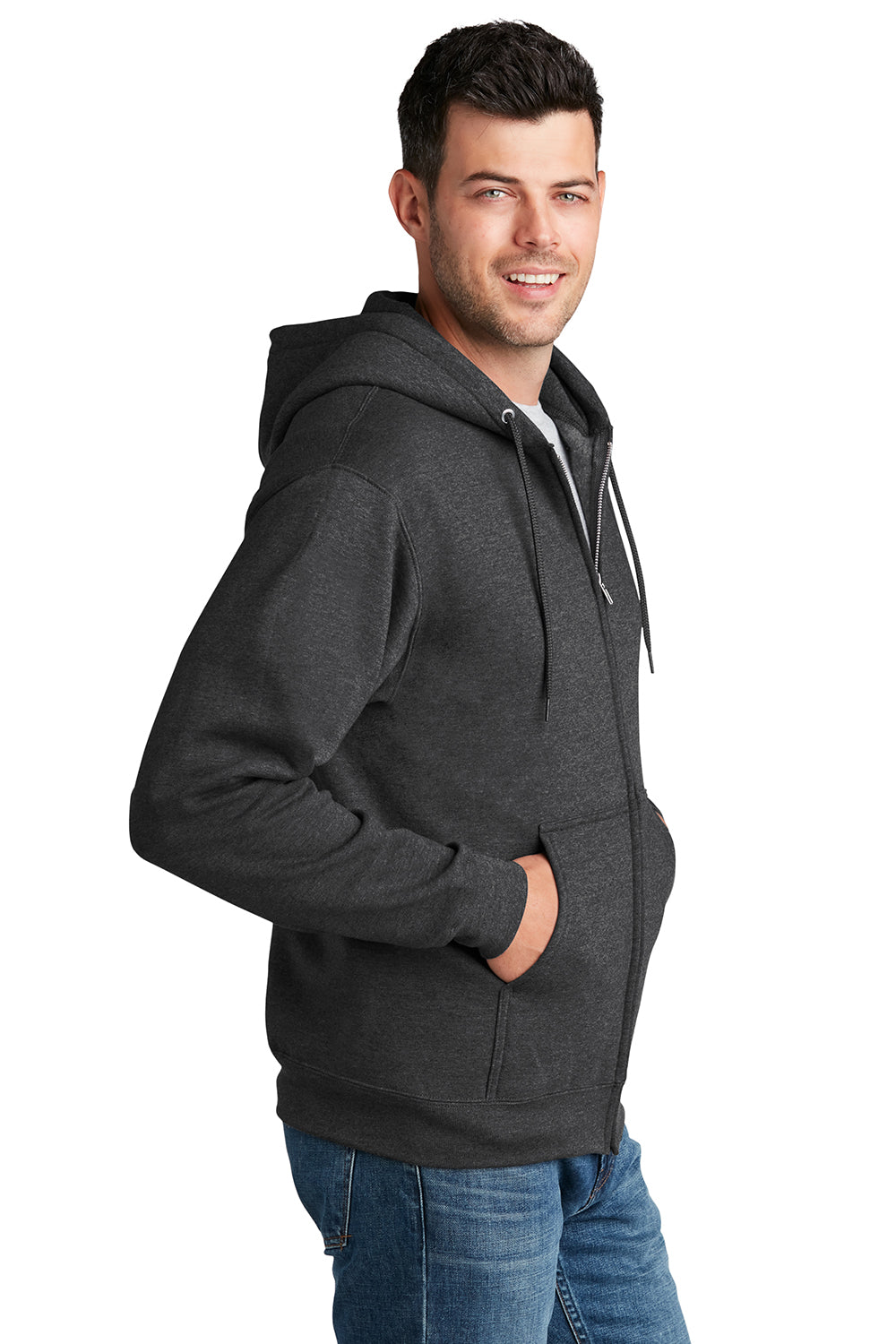 Port & Company PC78ZH Mens Core Pill Resistant Fleece Full Zip Hooded Sweatshirt Hoodie Heather Dark Grey Model Side