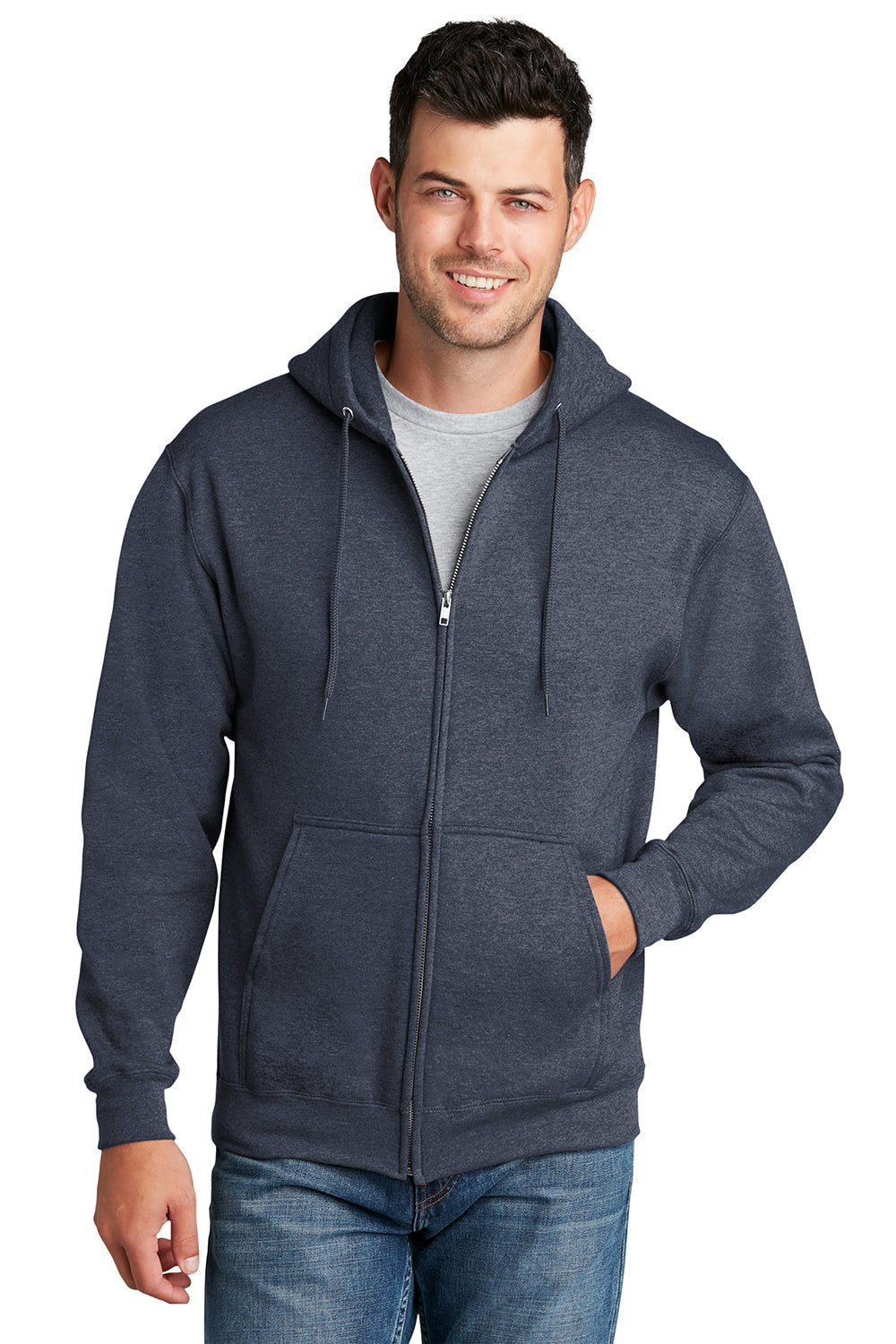 Port & Company PC78ZH Mens Core Pill Resistant Fleece Full Zip Hooded Sweatshirt Hoodie Heather Navy Blue Model Front