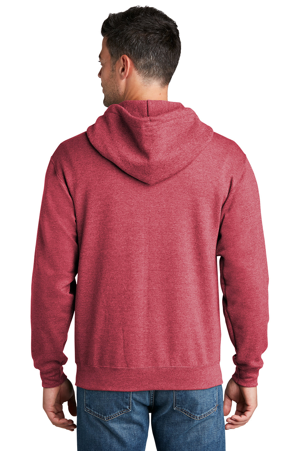 Port & Company PC78ZH Mens Core Pill Resistant Fleece Full Zip Hooded Sweatshirt Hoodie Heather Red Model Back