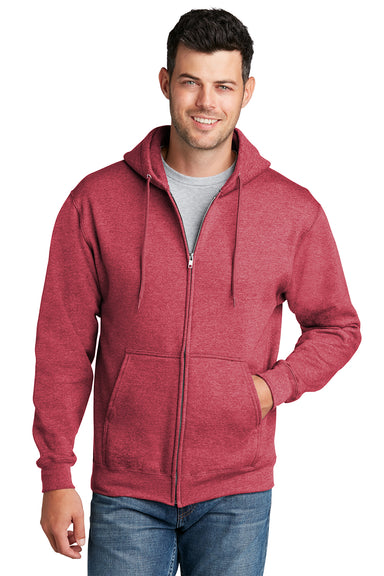 Port & Company PC78ZH Mens Core Pill Resistant Fleece Full Zip Hooded Sweatshirt Hoodie Heather Red Model Front