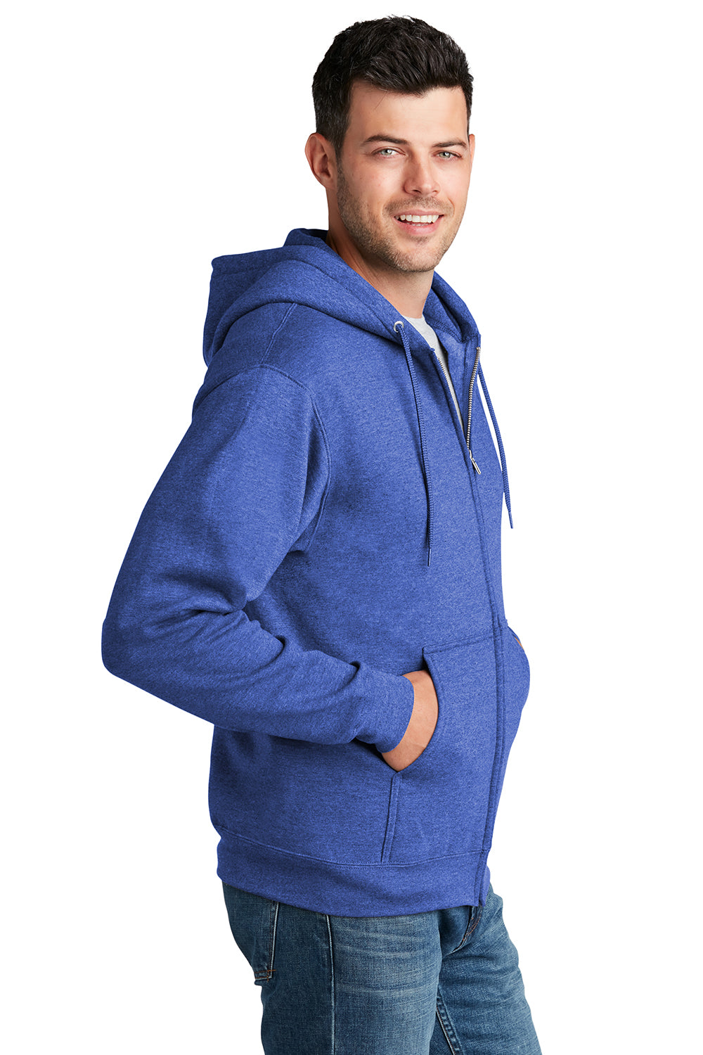 Port & Company PC78ZH Mens Core Pill Resistant Fleece Full Zip Hooded Sweatshirt Hoodie Heather Royal Blue Model Side