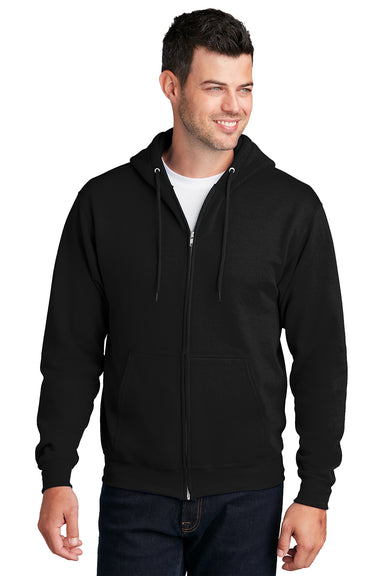 Port & Company PC78ZH Mens Core Pill Resistant Fleece Full Zip Hooded Sweatshirt Hoodie Jet Black Model Front