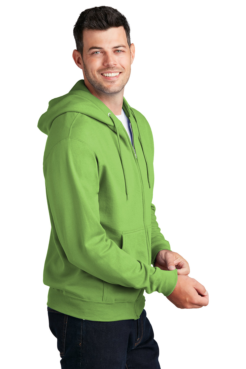 Port & Company PC78ZH Mens Core Pill Resistant Fleece Full Zip Hooded Sweatshirt Hoodie Lime Green Model Side