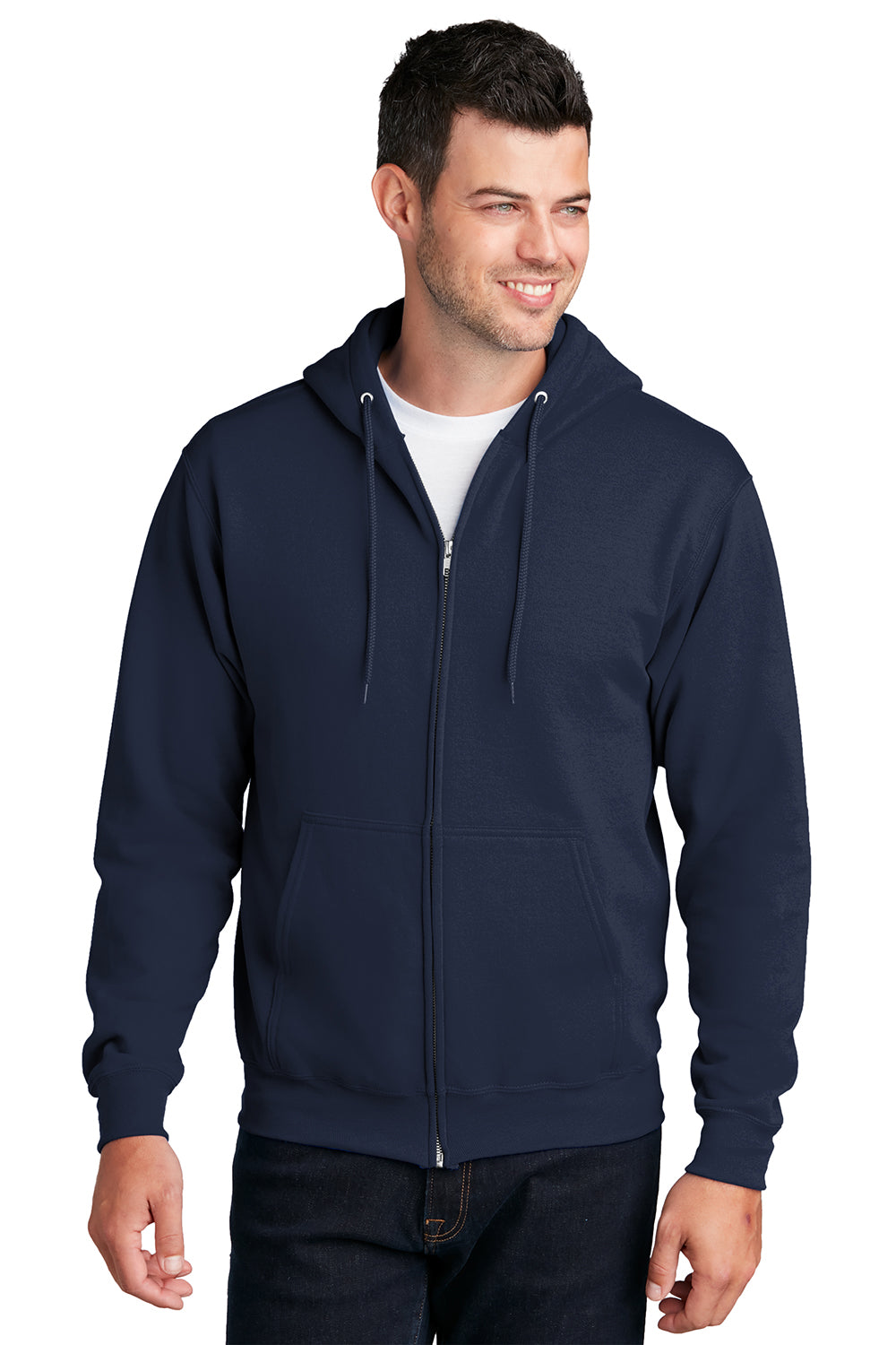 Port & Company PC78ZH Mens Core Pill Resistant Fleece Full Zip Hooded Sweatshirt Hoodie Navy Blue Model Front