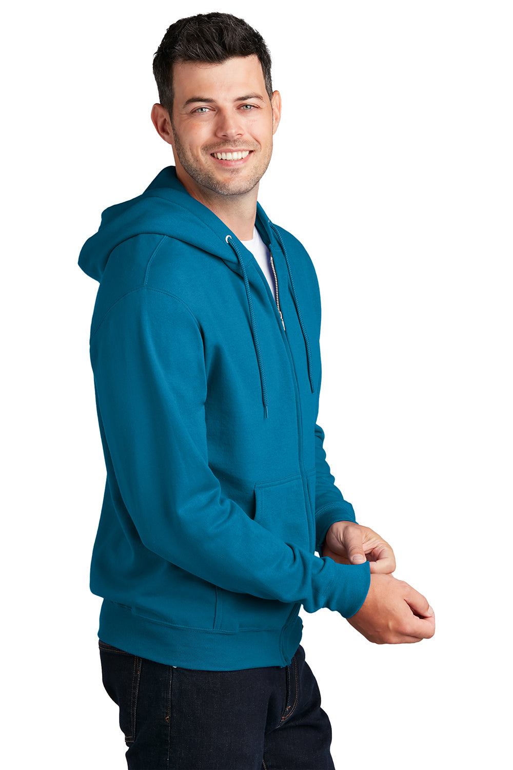 Port & Company PC78ZH Mens Core Pill Resistant Fleece Full Zip Hooded Sweatshirt Hoodie Neon Blue Model Side