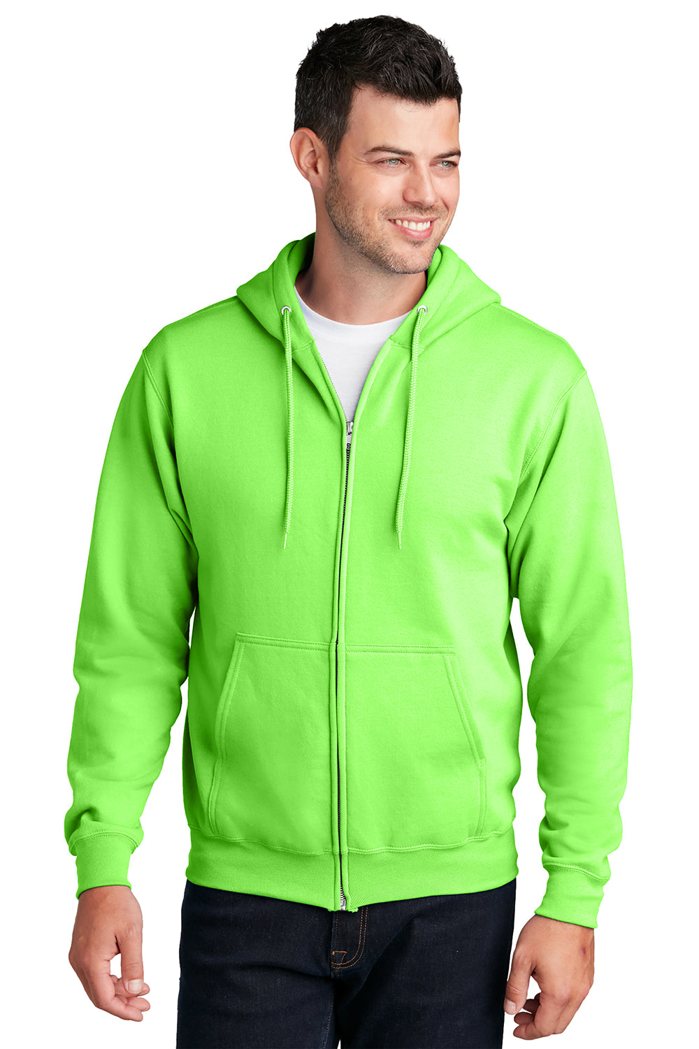 Port & Company PC78ZH Mens Core Pill Resistant Fleece Full Zip Hooded Sweatshirt Hoodie Neon Green Model Front