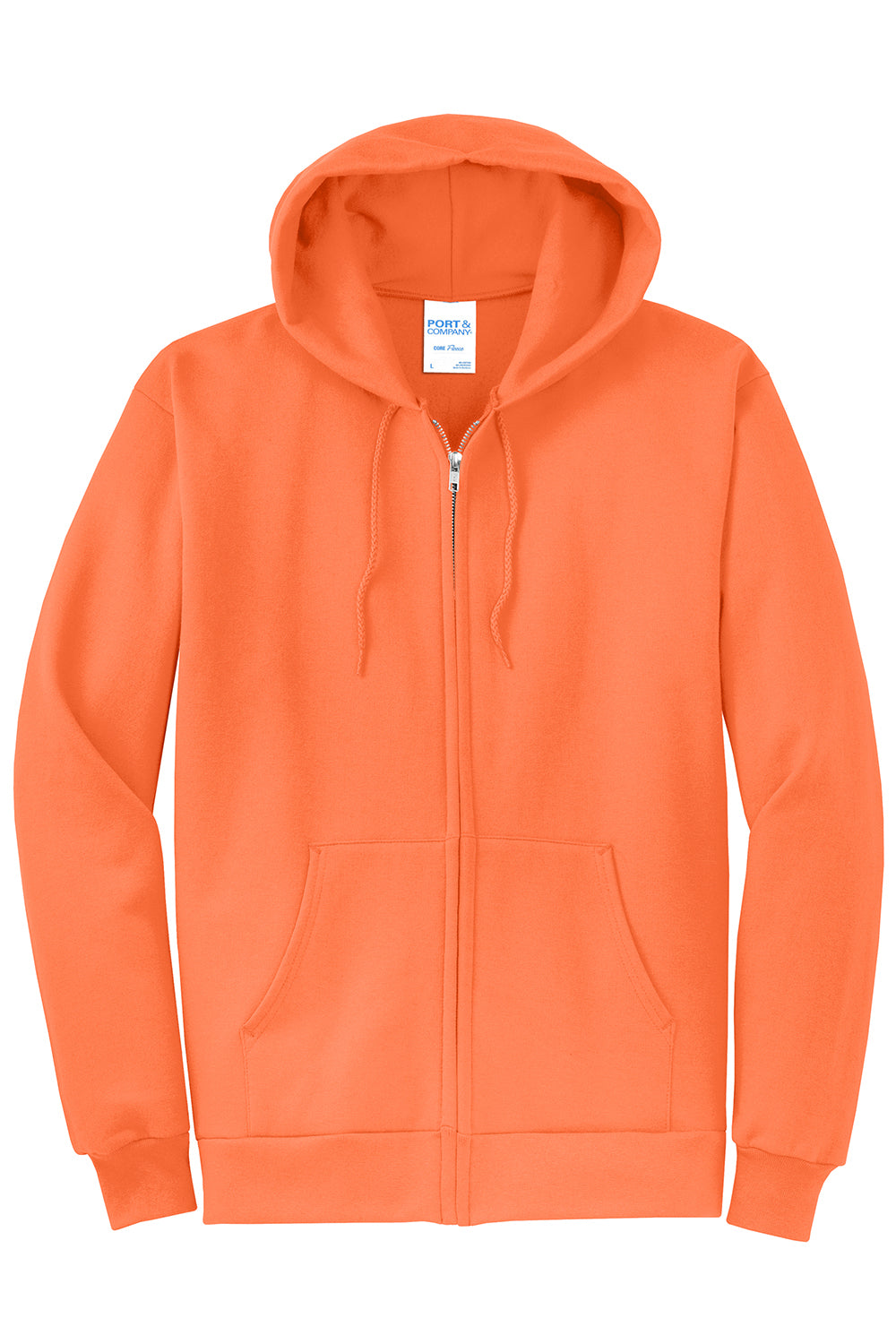 Port & Company PC78ZH Mens Core Pill Resistant Fleece Full Zip Hooded Sweatshirt Hoodie Neon Orange Flat Front