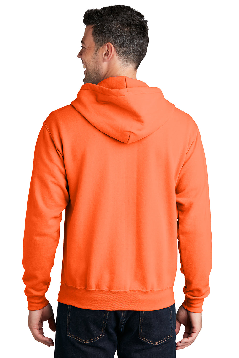 Port & Company PC78ZH Mens Core Pill Resistant Fleece Full Zip Hooded Sweatshirt Hoodie Neon Orange Model Back