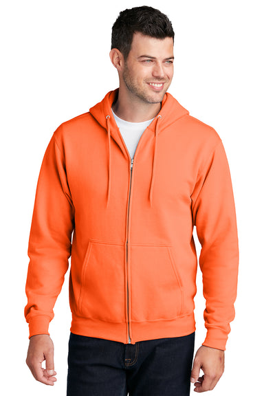 Port & Company PC78ZH Mens Core Pill Resistant Fleece Full Zip Hooded Sweatshirt Hoodie Neon Orange Model Front