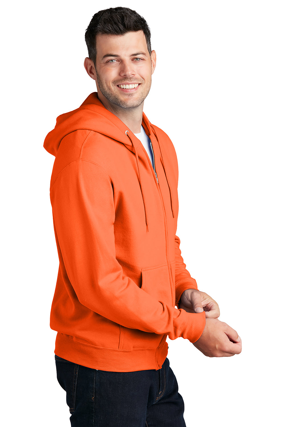 Port & Company PC78ZH Mens Core Pill Resistant Fleece Full Zip Hooded Sweatshirt Hoodie Neon Orange Model Side