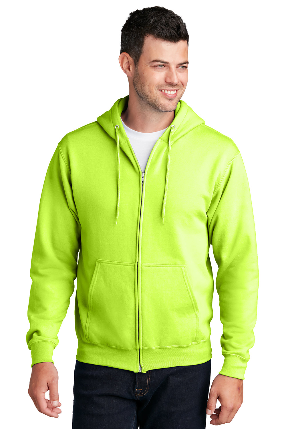 Port & Company PC78ZH Mens Core Pill Resistant Fleece Full Zip Hooded Sweatshirt Hoodie Neon Yellow Model Front