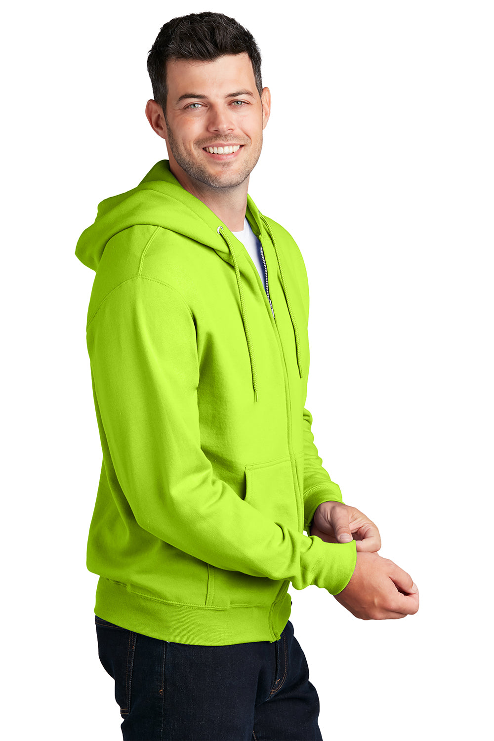 Port & Company PC78ZH Mens Core Pill Resistant Fleece Full Zip Hooded Sweatshirt Hoodie Neon Yellow Model Side