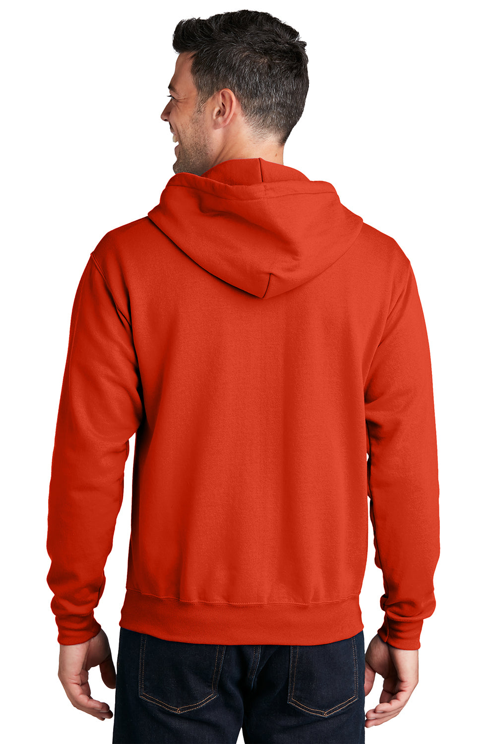 Port & Company PC78ZH Mens Core Pill Resistant Fleece Full Zip Hooded Sweatshirt Hoodie Orange Model Back