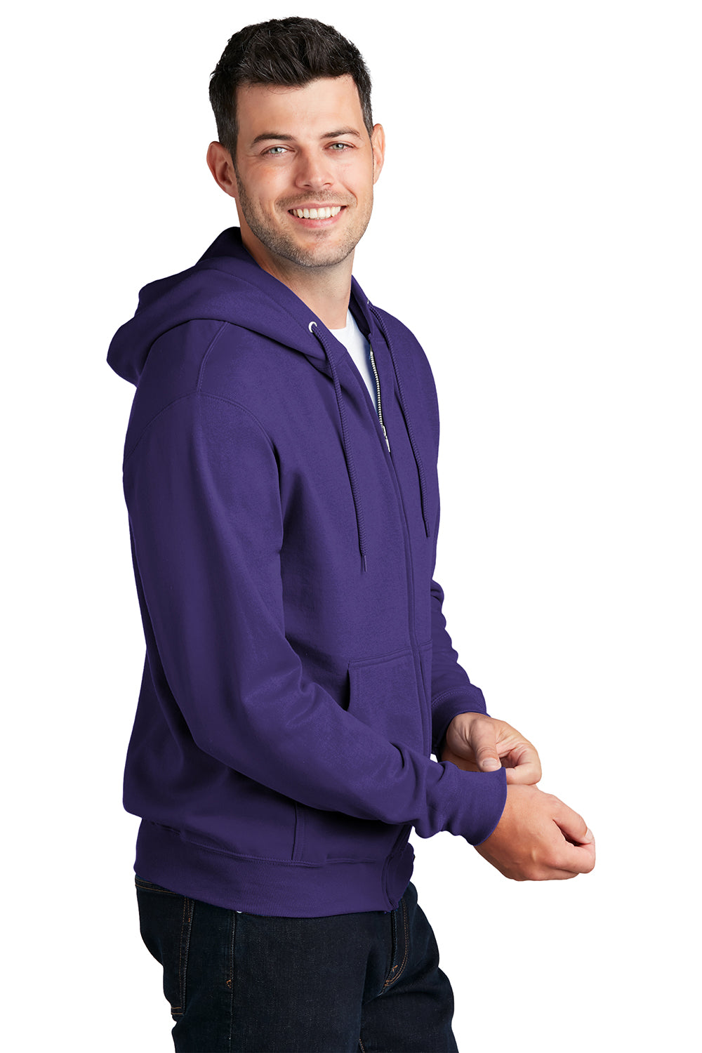 Port & Company PC78ZH Mens Core Pill Resistant Fleece Full Zip Hooded Sweatshirt Hoodie Purple Model Side