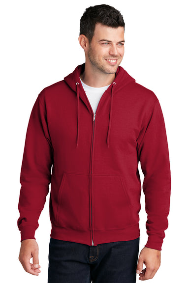 Port & Company PC78ZH Mens Core Pill Resistant Fleece Full Zip Hooded Sweatshirt Hoodie Red Model Front