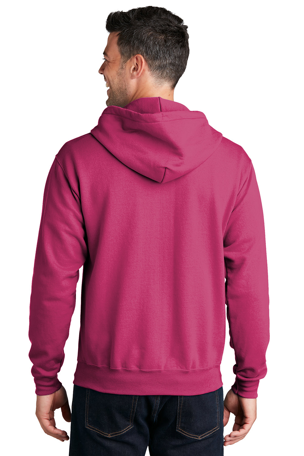 Port & Company PC78ZH Mens Core Pill Resistant Fleece Full Zip Hooded Sweatshirt Hoodie Sangria Pink Model Back