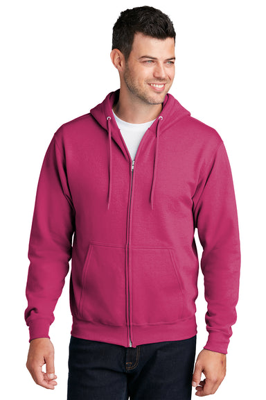 Port & Company PC78ZH Mens Core Pill Resistant Fleece Full Zip Hooded Sweatshirt Hoodie Sangria Pink Model Front