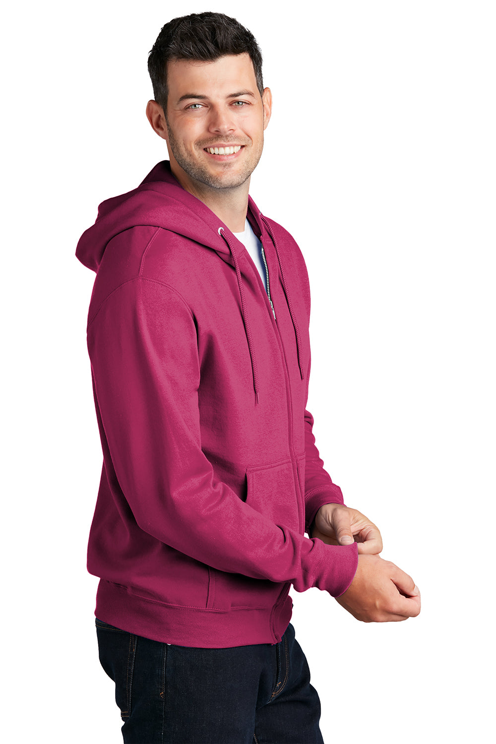 Port & Company PC78ZH Mens Core Pill Resistant Fleece Full Zip Hooded Sweatshirt Hoodie Sangria Pink Model Side