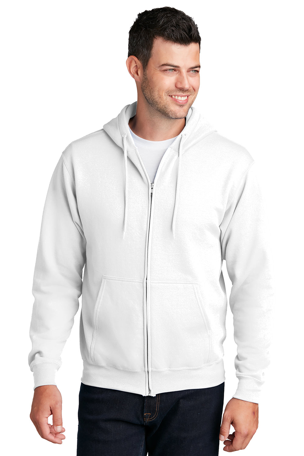 Port & Company PC78ZH Mens Core Pill Resistant Fleece Full Zip Hooded Sweatshirt Hoodie White Model Front