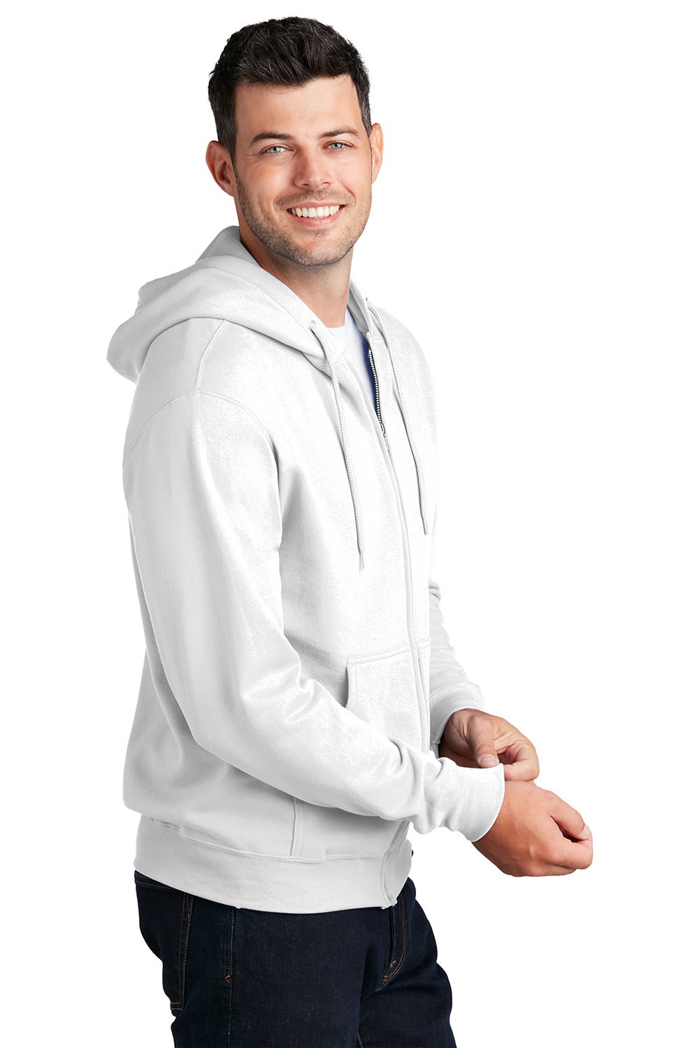 Port & Company PC78ZH Mens Core Pill Resistant Fleece Full Zip Hooded Sweatshirt Hoodie White Model Side