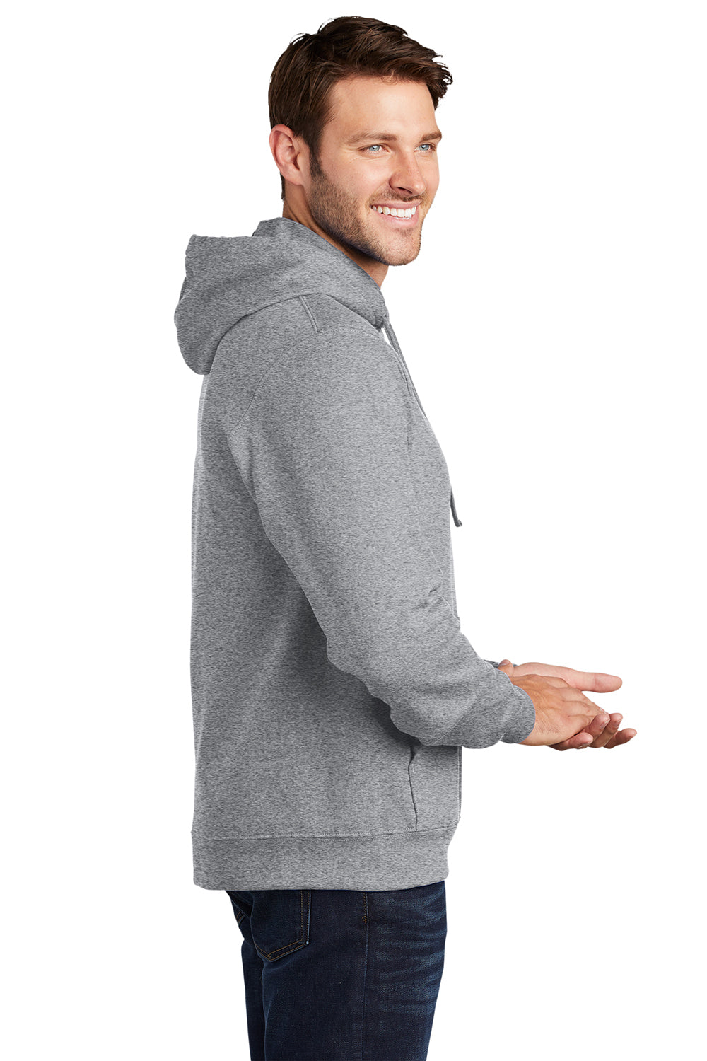 Port & Company PC850H Mens Fan Favorite Fleece Hooded Sweatshirt Hoodie Heather Grey Model Side