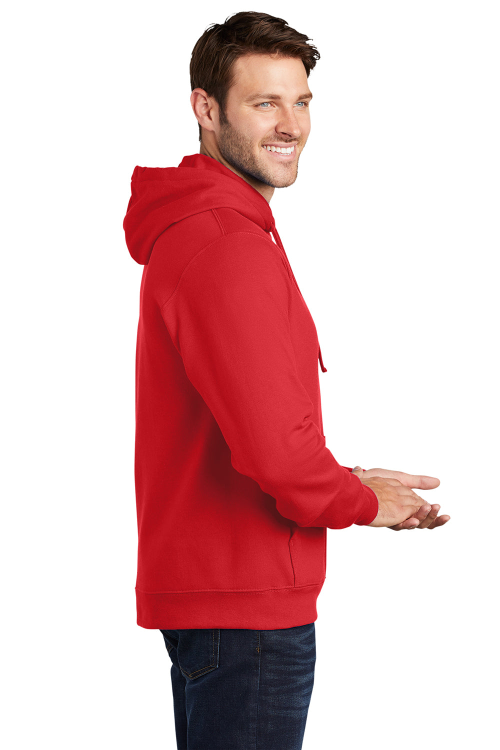 Port & Company PC850H Mens Fan Favorite Fleece Hooded Sweatshirt Hoodie Bright Red Model Side