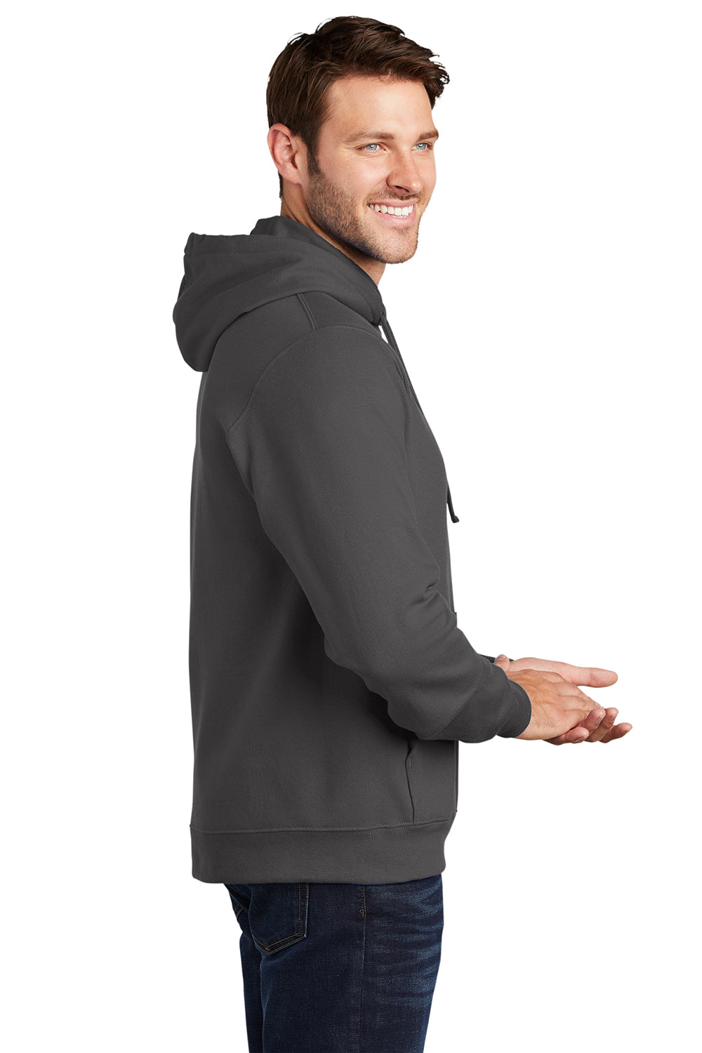 Port & Company PC850H Mens Fan Favorite Fleece Hooded Sweatshirt Hoodie Charcoal Grey Model Side